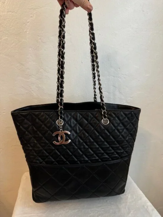 Vintage Chanel Quilted Black Leather Chain Tote Large Shoulder Bag Authentic - Picture 3 of 9